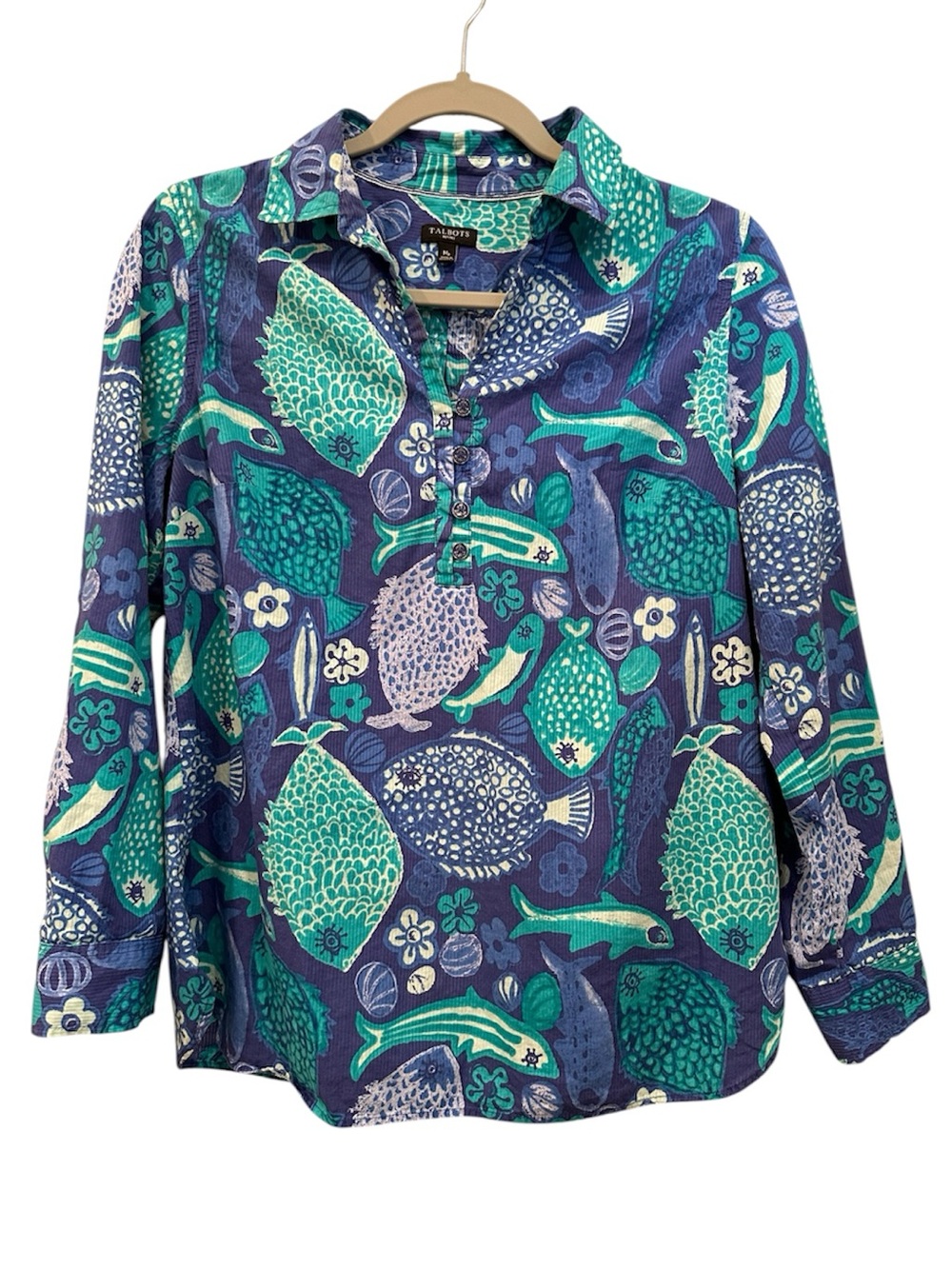 Talbots Fish Print Button Popover Collared Cotton Colorful Novelty Sz M Petite
